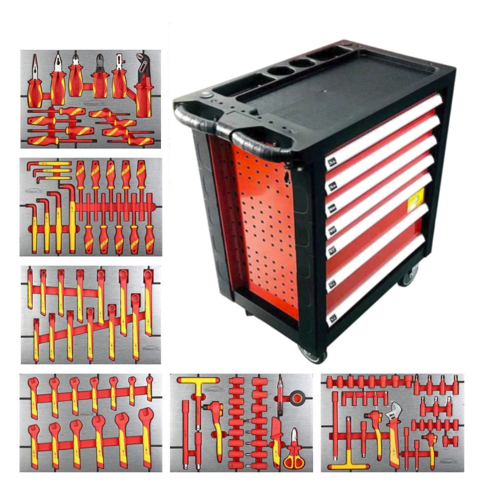 VDE-certified tools organised in a 7-drawer tool caddy for workshop use
