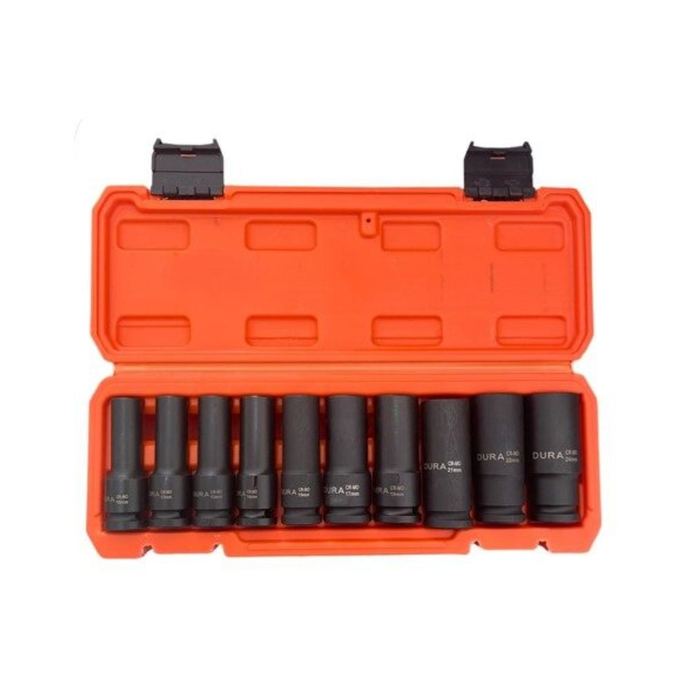 DURA 10pcs 1/2 inch deep impact socket set in storage box