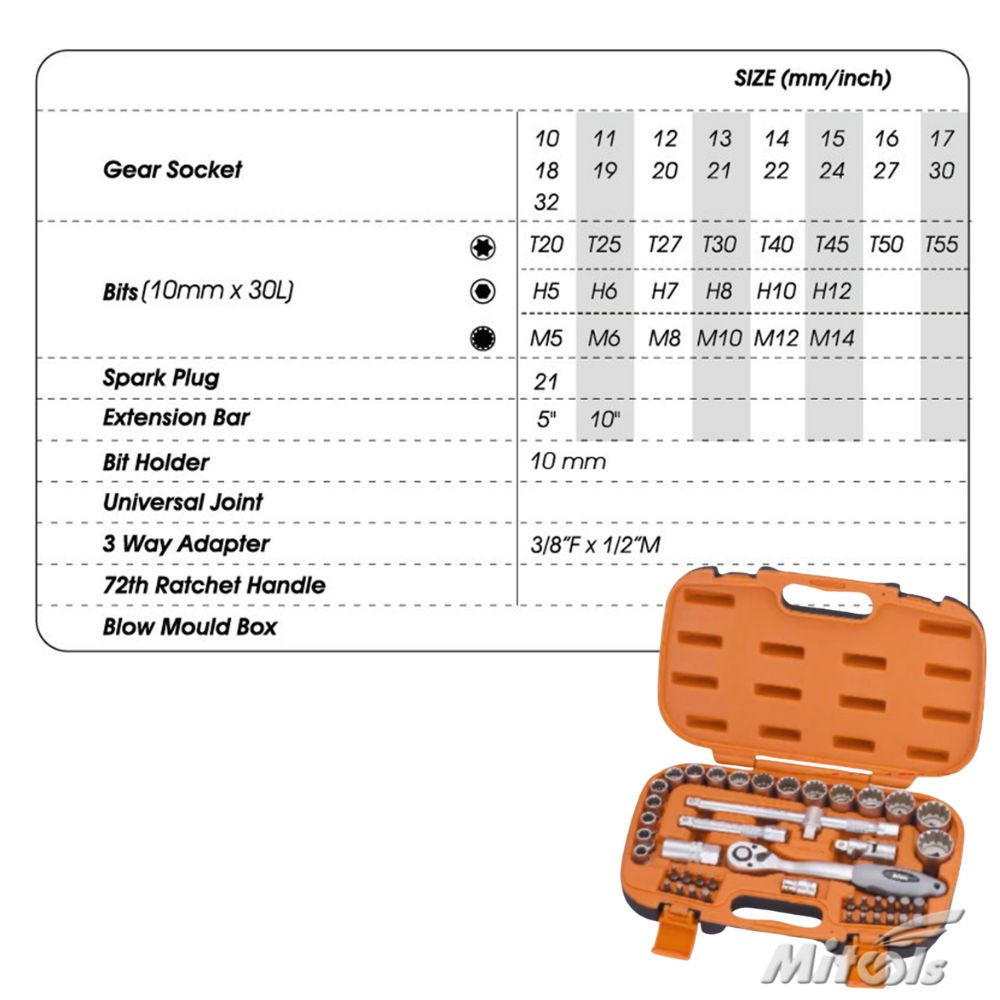Specifications for Mitool 45PCS 1/2'' Gear Socket Set