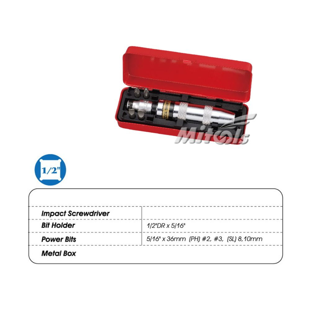 MITOOLS 6-piece impact driver specification sheet showing bit sizes