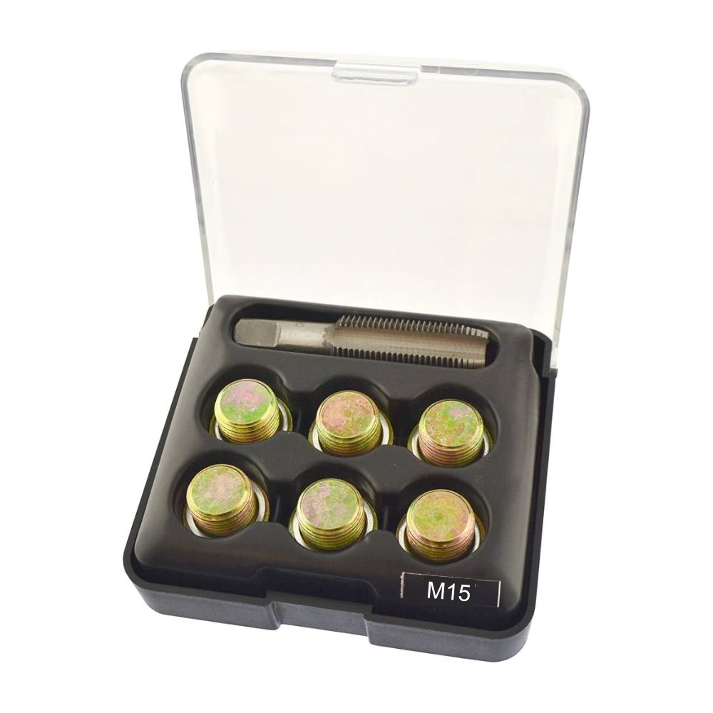 Oil pan thread repair kit with tap, drain plugs and washers arranged in compact case
