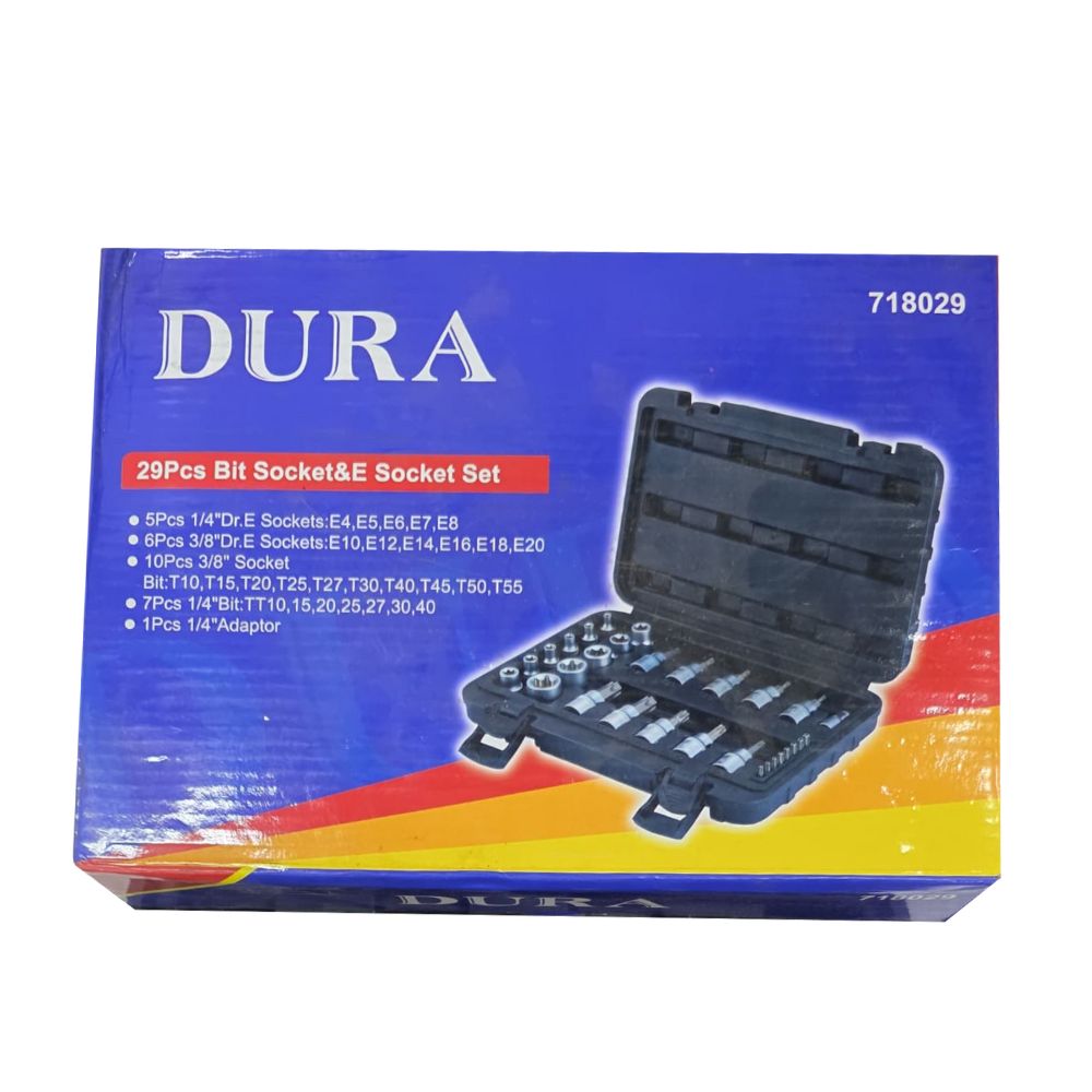 Retail packaging of DURA 29-piece bit socket and E socket set