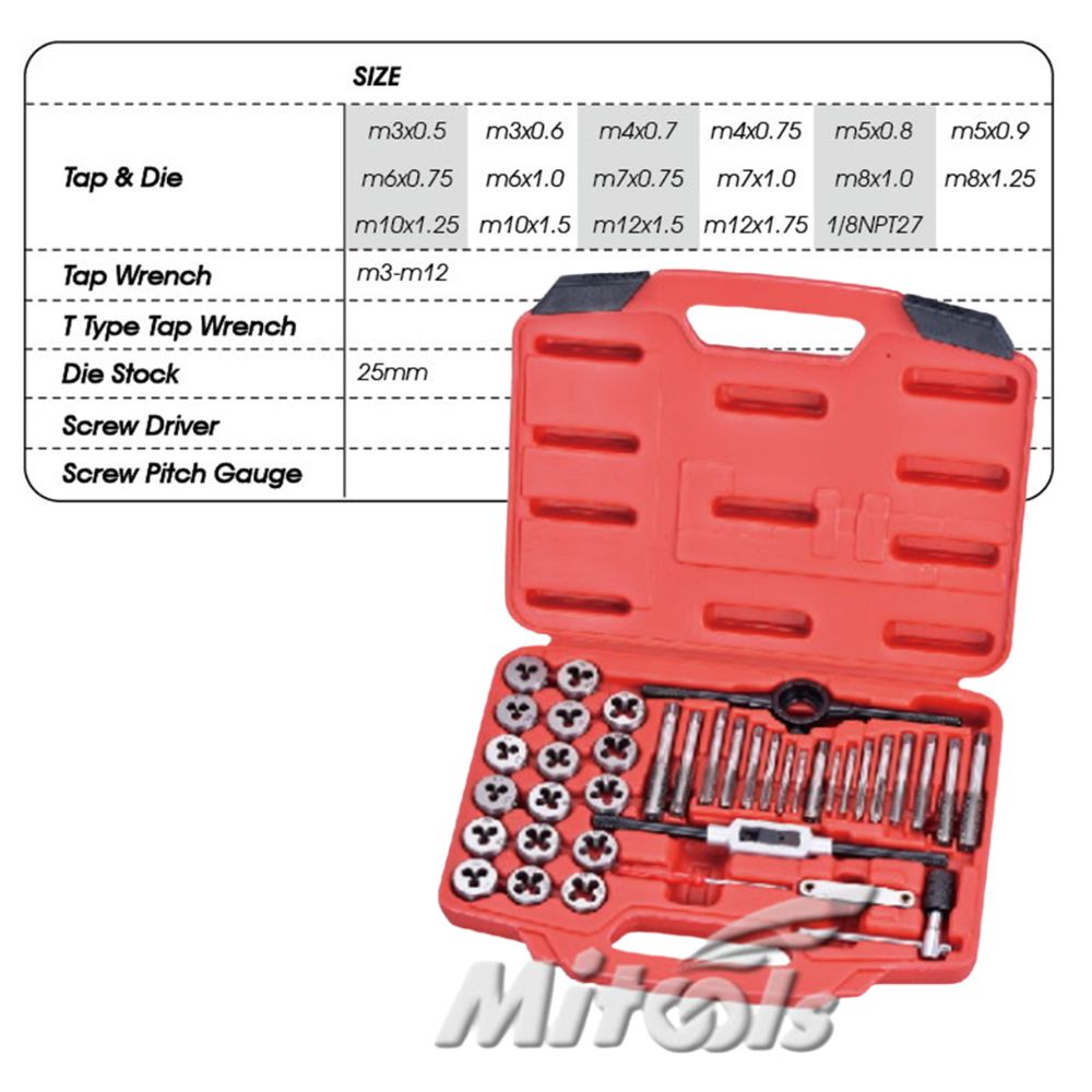 Red tool kit with various components on a white background, featuring the brand 'Mitools'.