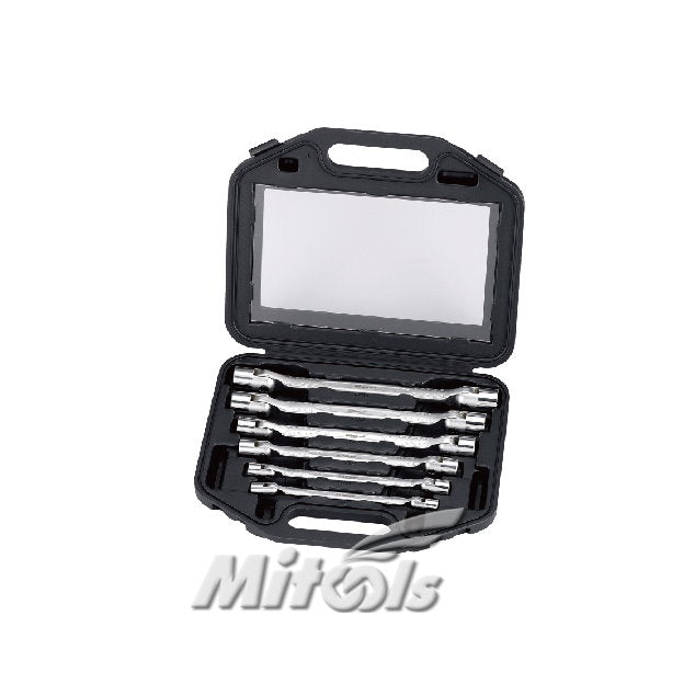 Mitool 6-piece flexible socket wrench set in black hard case with dual-size wrenches
