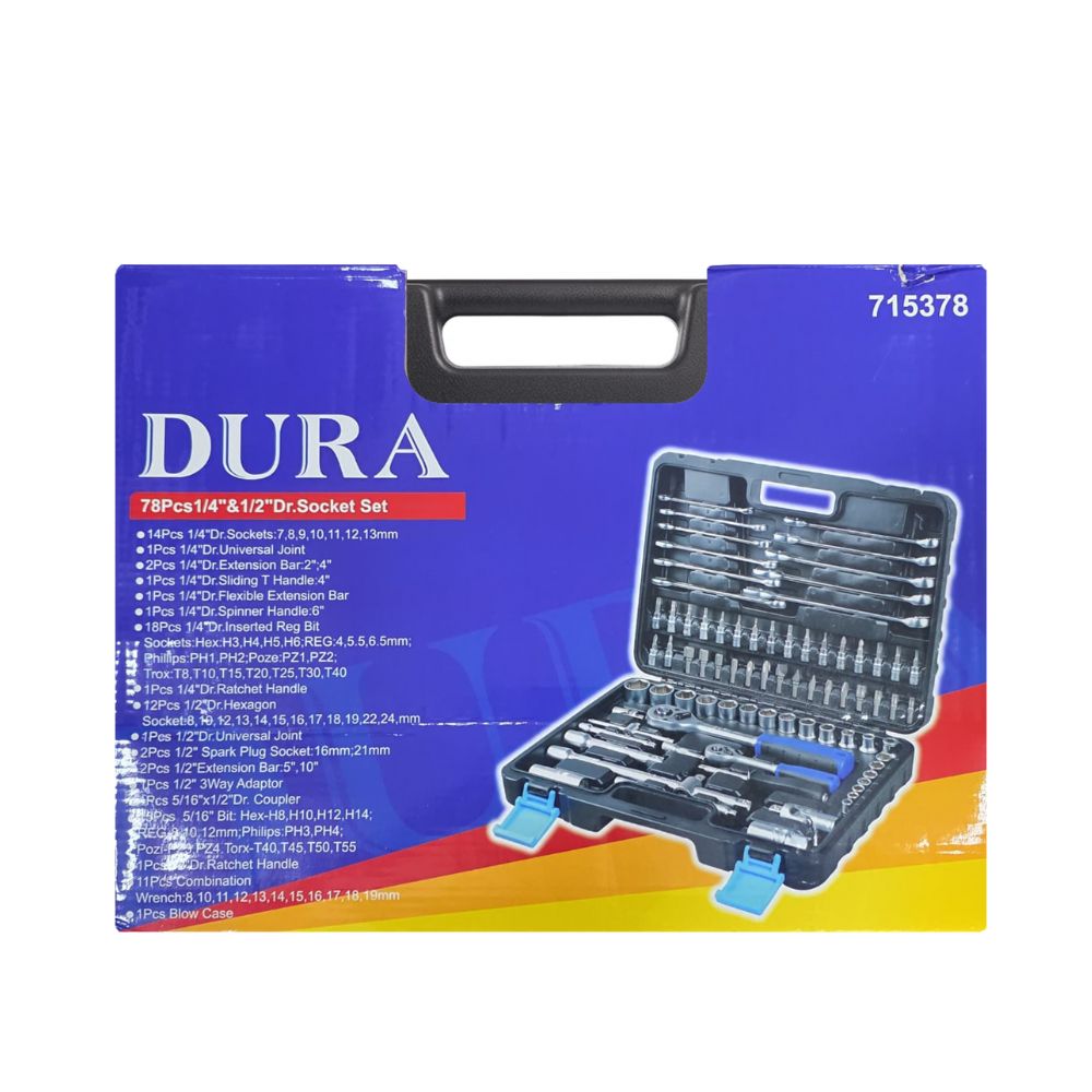 78 piece 1/4 and 1/2 inch drive socket set in blow mould case