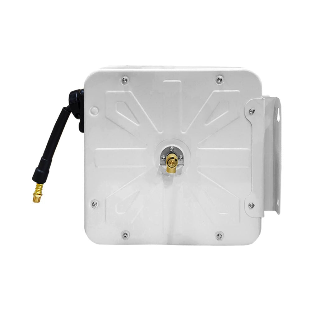 Heavy-duty retractable air hose reel with metal case and swivel mount
