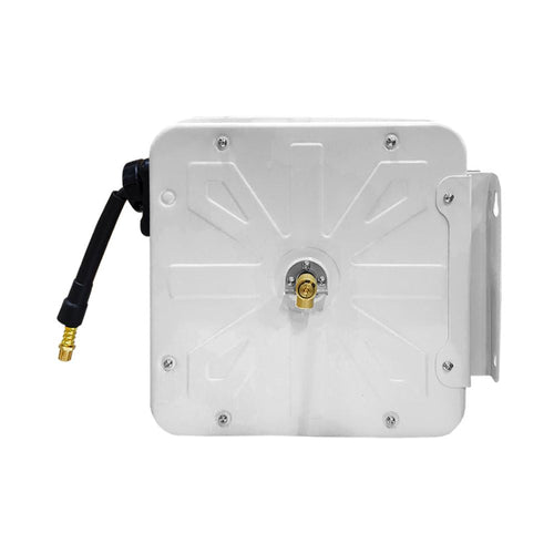 Heavy-duty retractable air hose reel with metal case and swivel mount