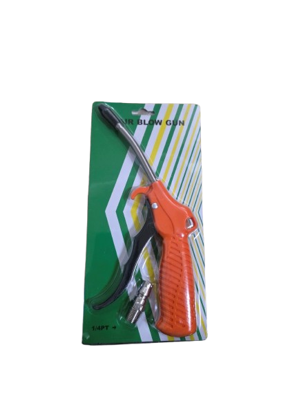 Blow gun with orange handle on green packaging against a white background