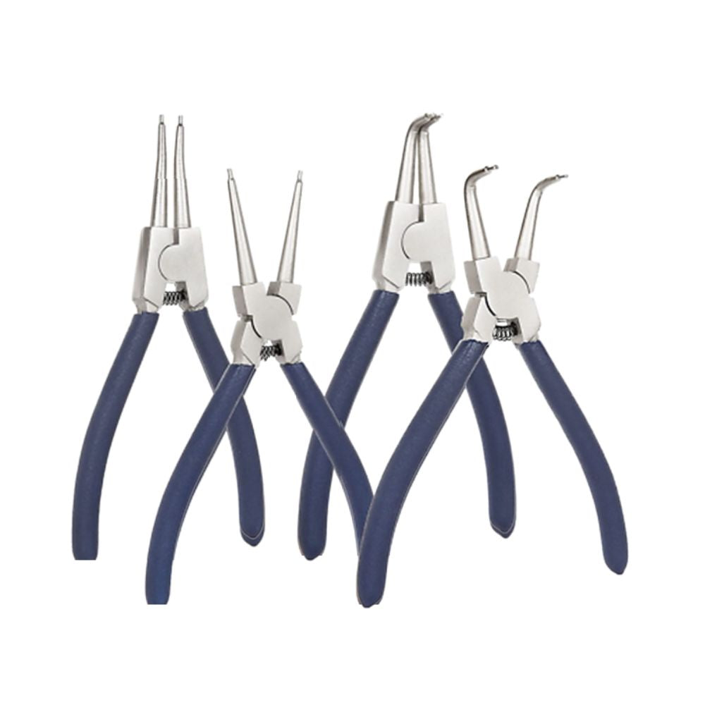 Set of circlip pliers in various tip angles and handle designs for workshop use.