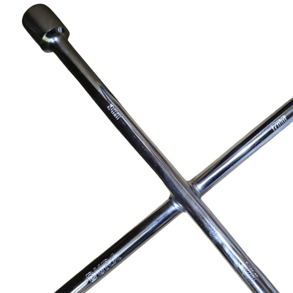 Chrome cross spanner with four integrated socket sizes