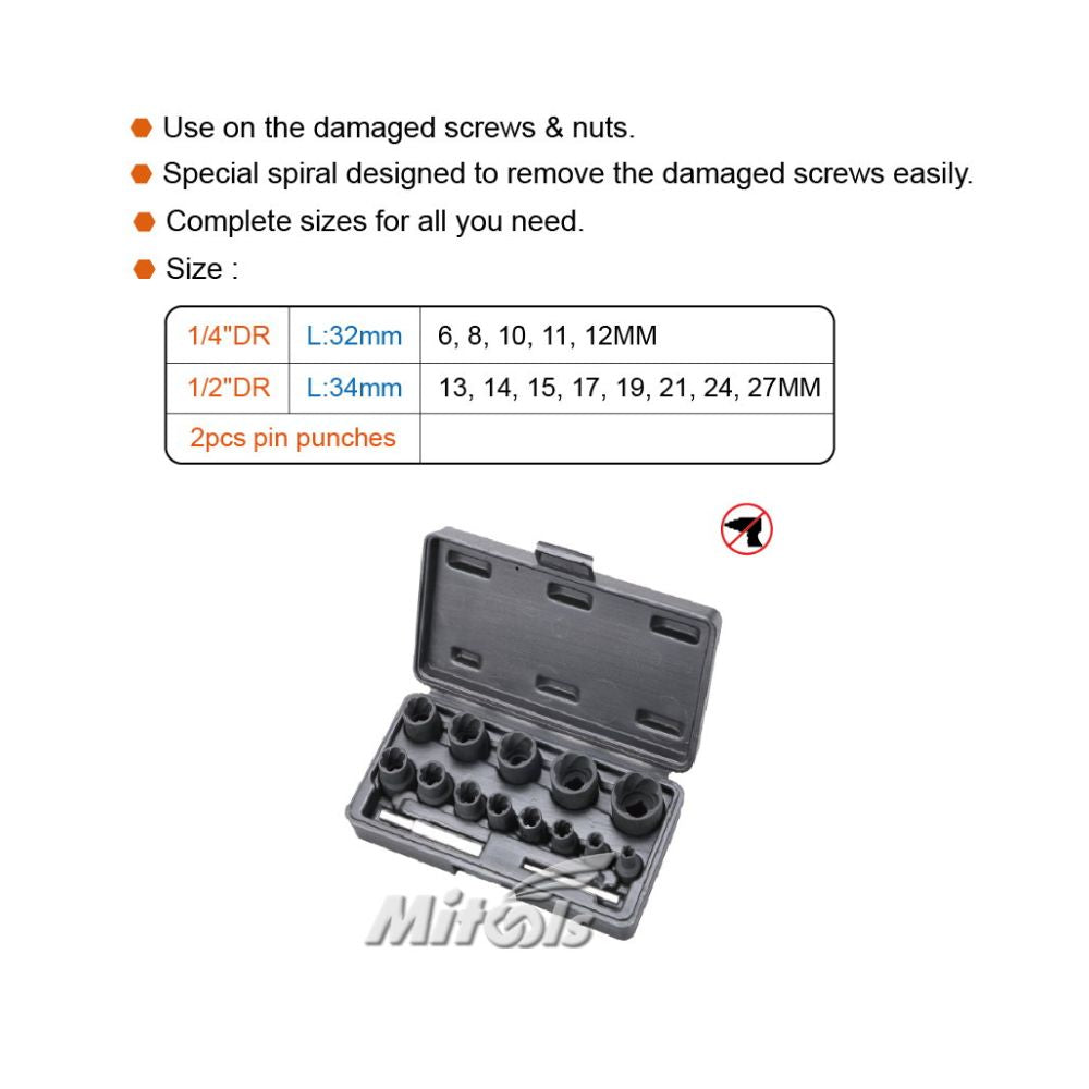 15pcs twist socket set specification table