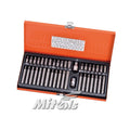 Open metal case of CSSC6042 Mitool 40PCS power bits showing rows of 30 mm hex, spline and Torx bits.
