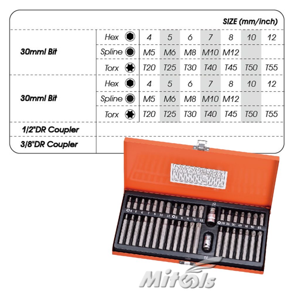 Mitool 40PCS power bits set with included 1/2"" and 3/8"" drive couplers in metal storage case.