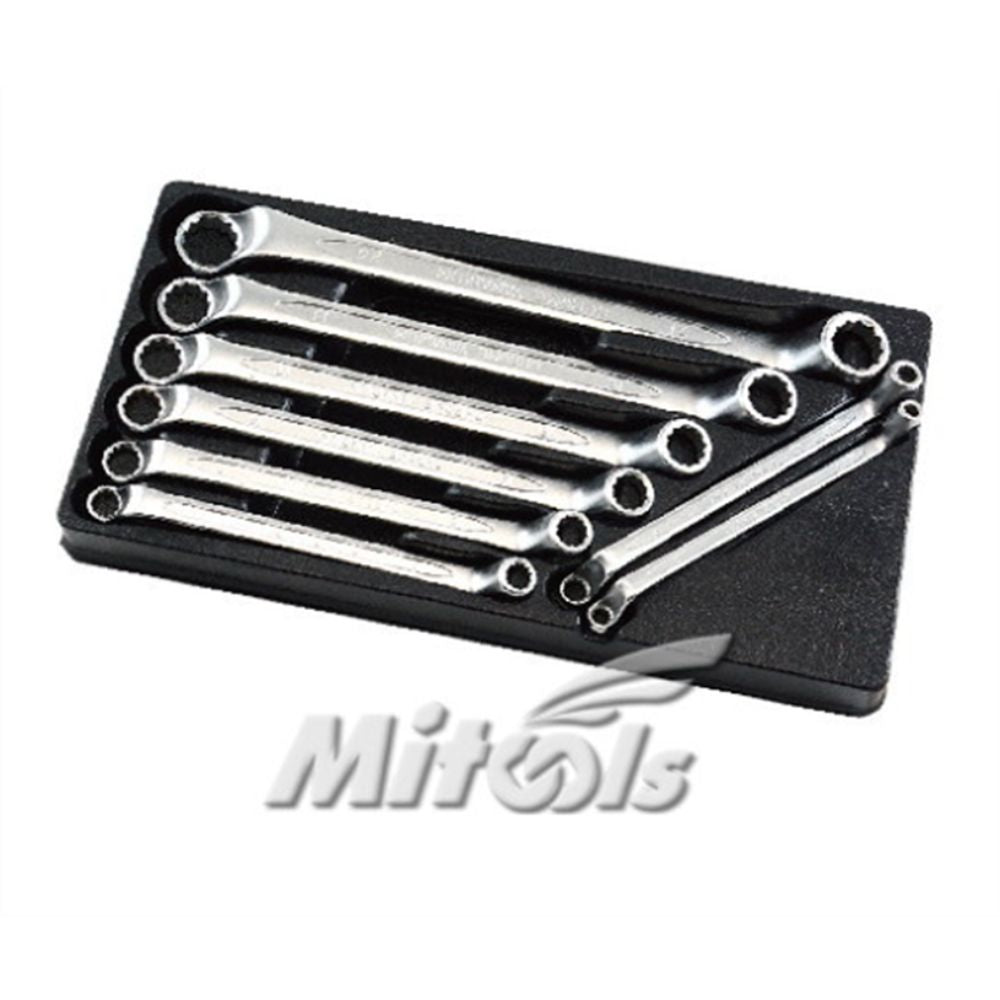 Mitool 8-piece double ring offset wrench set arranged in black storage tray
