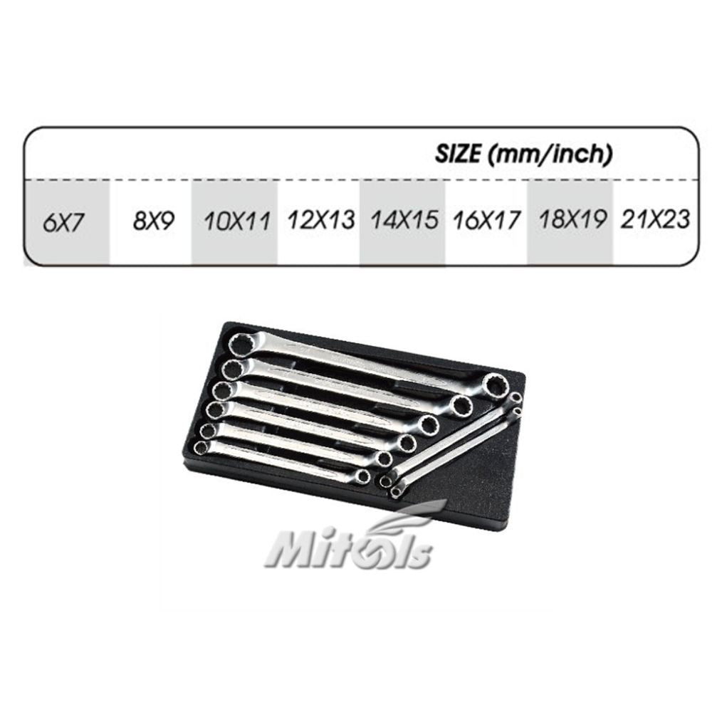 Specifications of Mitool offset double-ring wrenches in various metric sizes