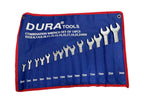 Dura Tools combination wrench set on a blue and red case with sizes displayed.