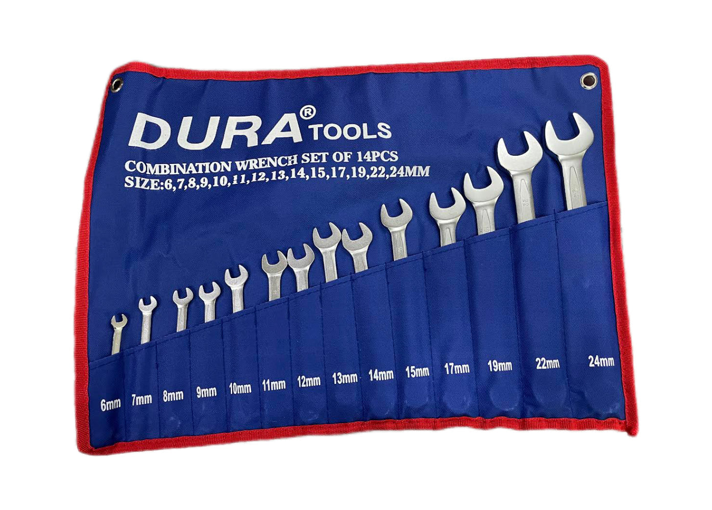 Dura Tools combination wrench set on a blue and red case with sizes displayed.