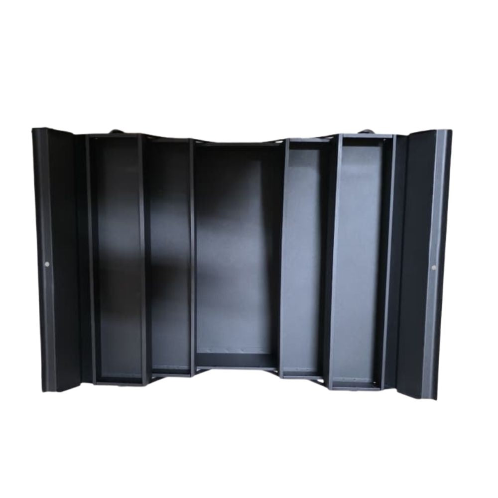 Fold-out steel toolbox displaying multiple compartments for workshop tools