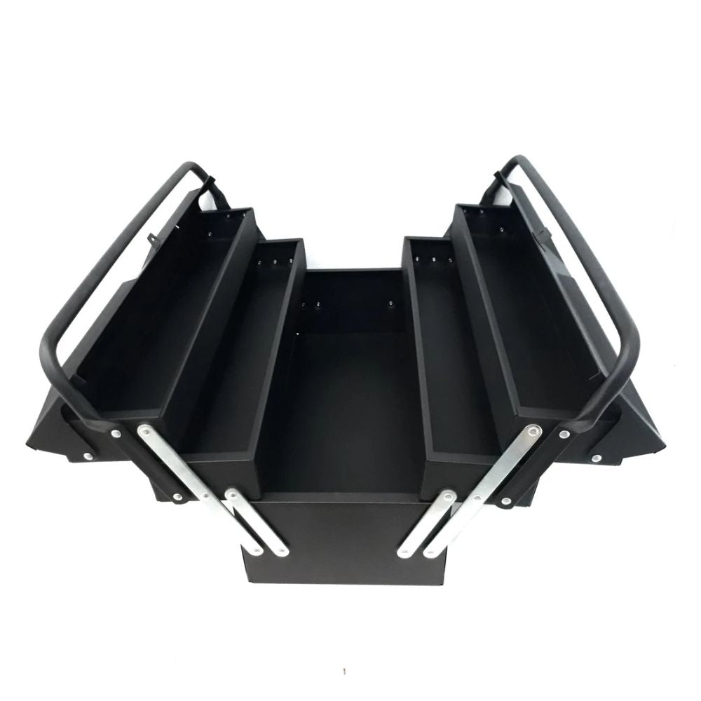 Empty metal tool box with five fold-out compartments
