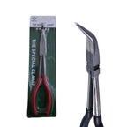 Close-up of 45 degree long-reach nose pliers with ergonomic handles for deep-access tasks.