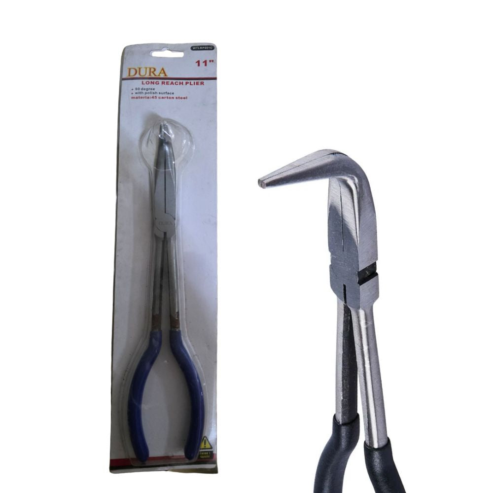 Close-up of 90 degree bent long-reach nose pliers with ergonomic handles for deep-access tasks.
