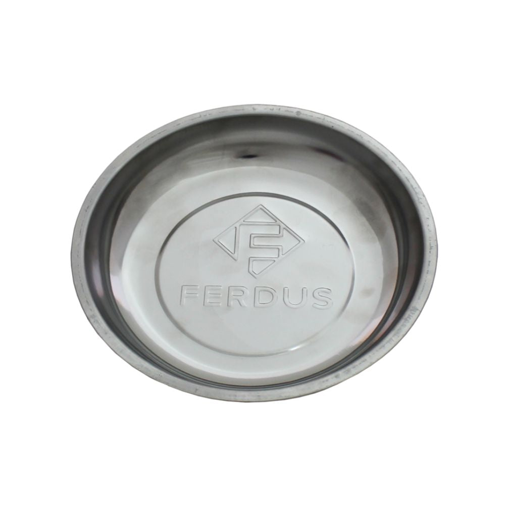 Stainless steel 6" round magnetic tray with FERDUS logo for holding screws and nuts.