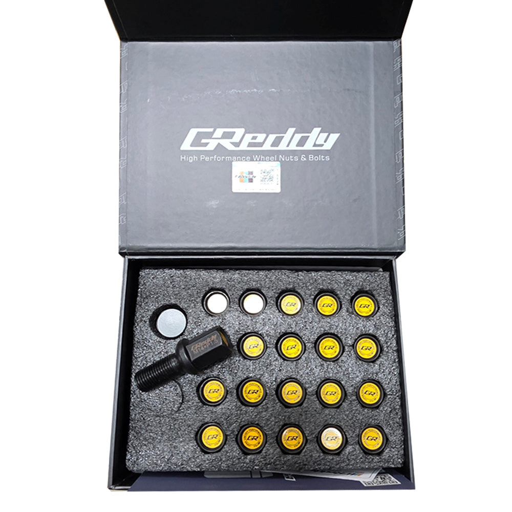 GReddy B03P M14x1.5 matte black nuts with yellow caps