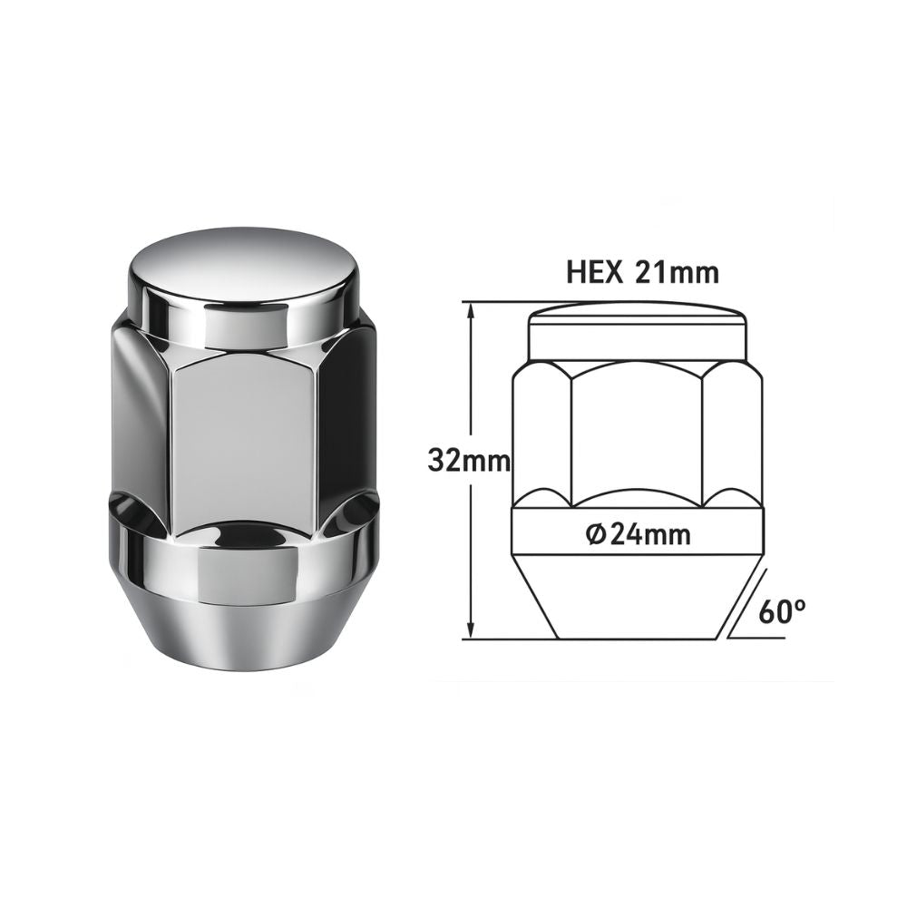 HN01 chrome wheel nut with size dimensions diagram