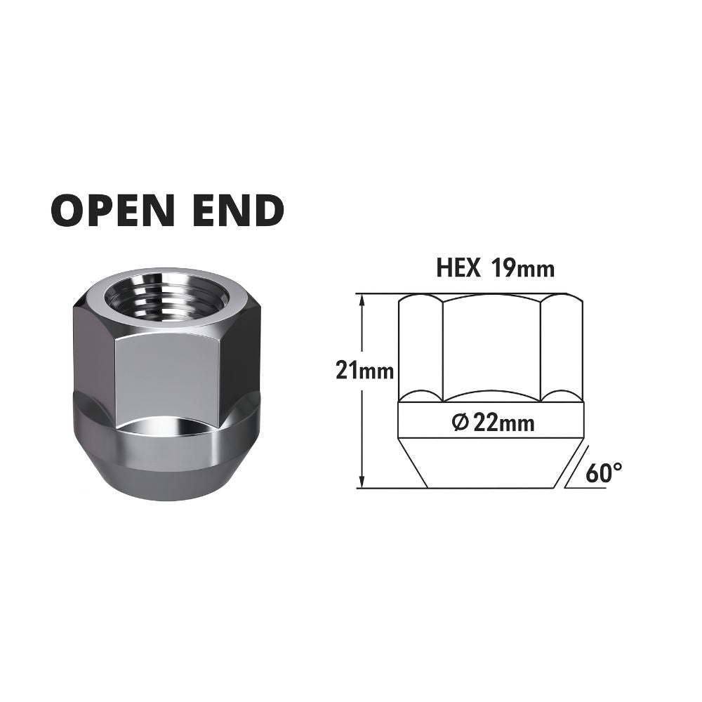 HN09 open-end chrome wheel nut with size dimensions (HEX 19mm, height 21mm)