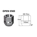 HN09 open-end chrome wheel nut with size dimensions (HEX 19mm, height 21mm)