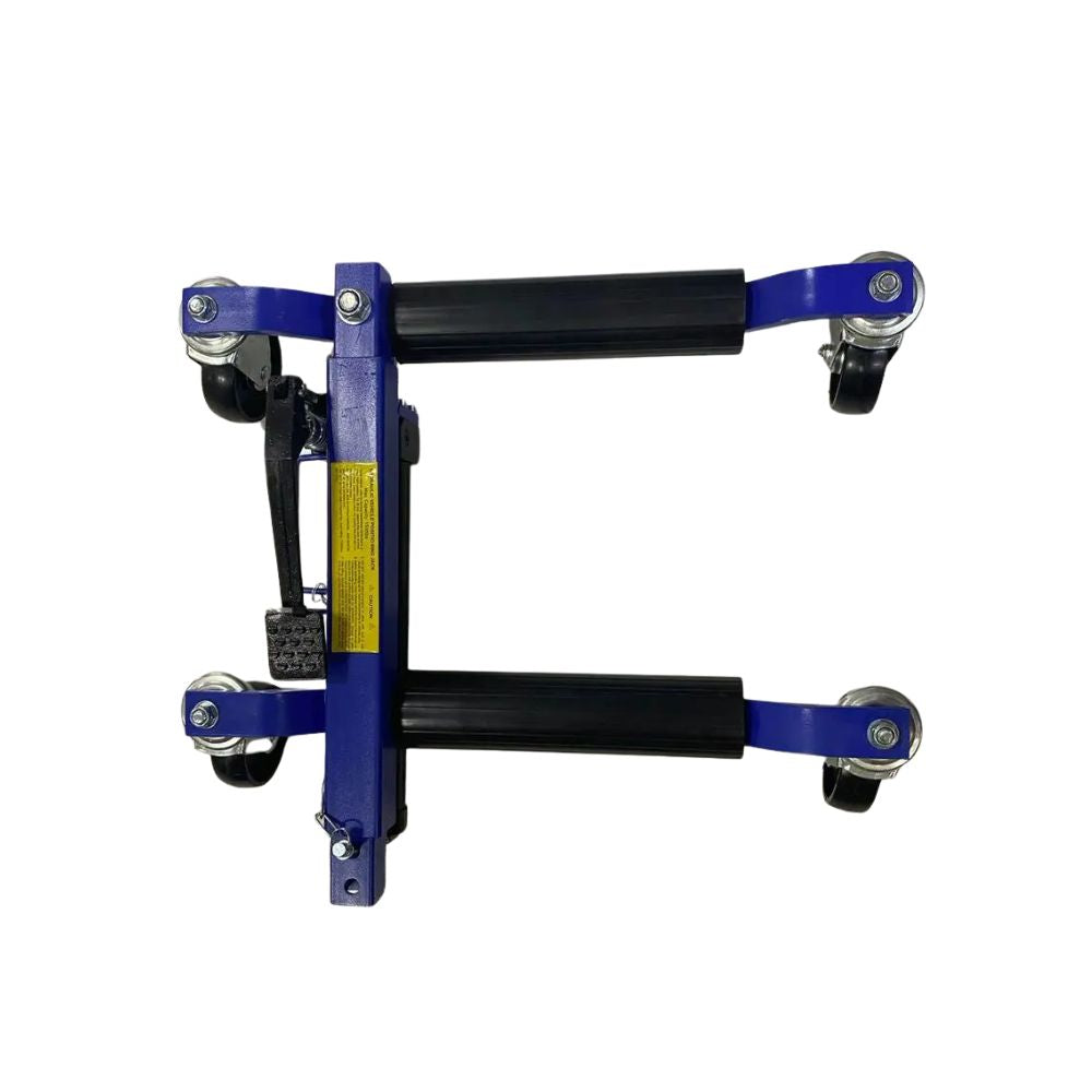 Hydraulic vehicle positioning jack with castor wheels
