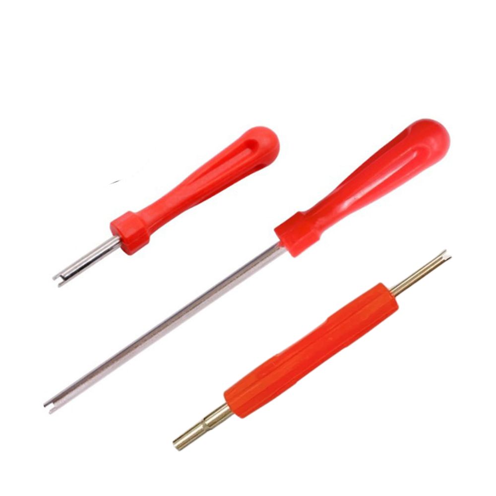 Red handy valve core opener tool with 1 way tip, 2 way tip, and long tip