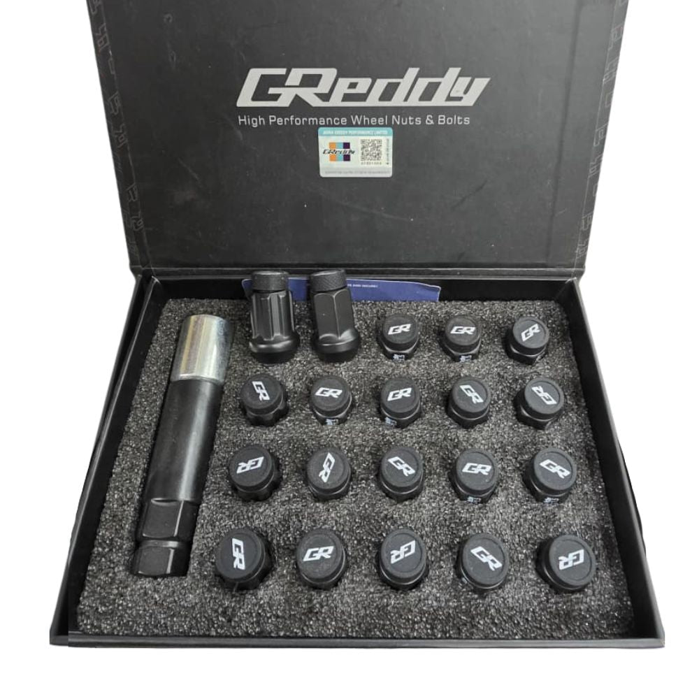 Matte black GReddy M30 wheel nuts with installation key
