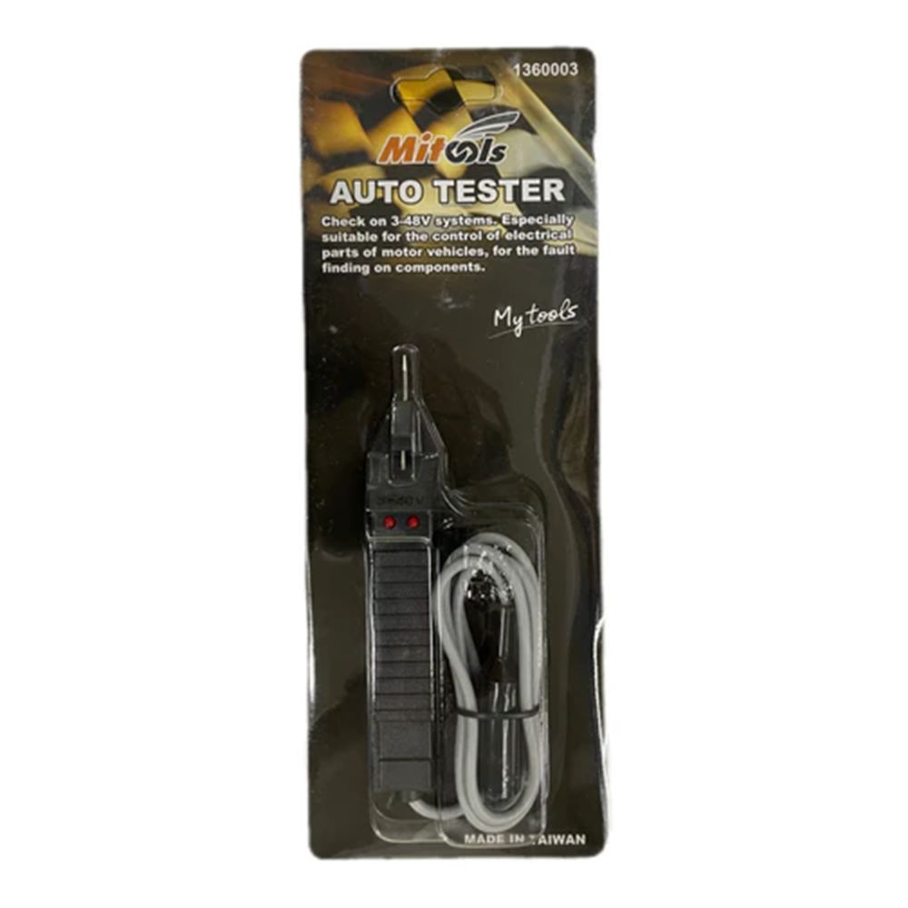 "Mitool Auto Tester 3–48V in blister packaging
"