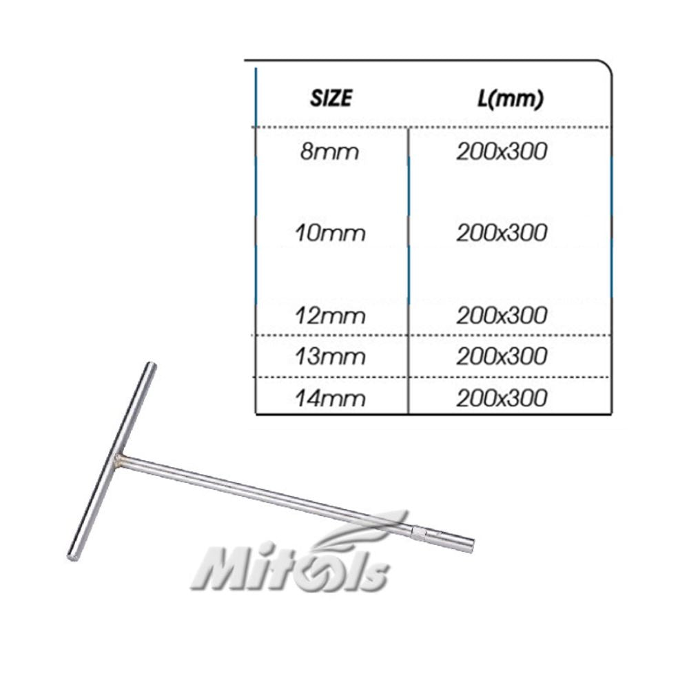 Product sizing chart for Mitools TBAR deep socket wrench (8–14 mm)