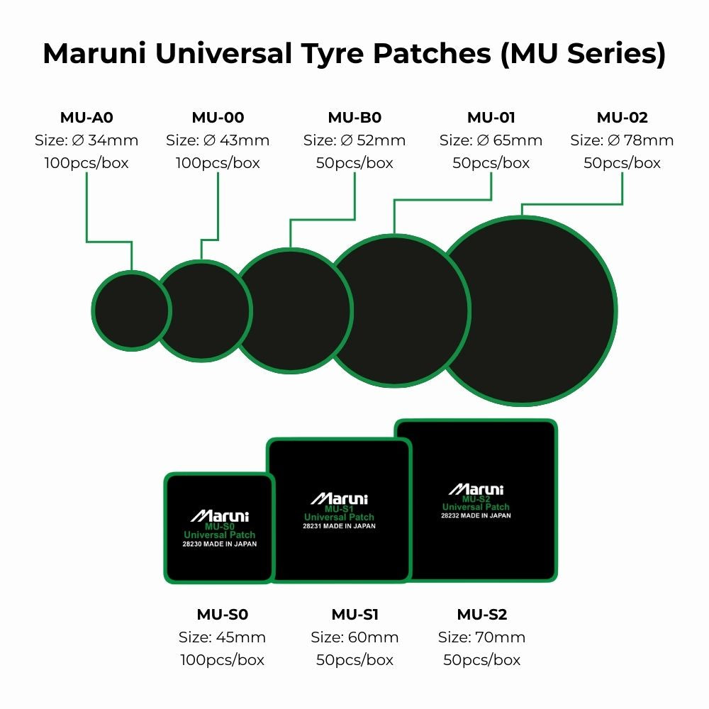 Maruni universal tyre patches sizes (MU Series)