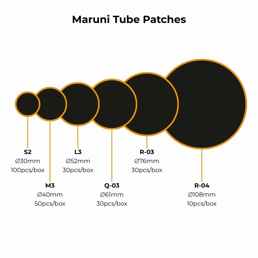 Diagram of Maruni Tube Patches with sizes and quantities on a white background