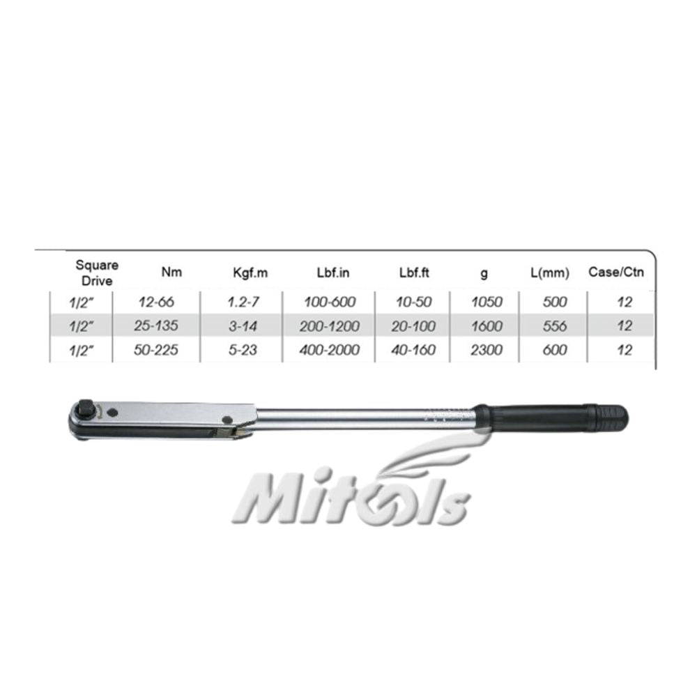 Mitools 1/2" torque wrench specifications chart with torque ranges and measurements