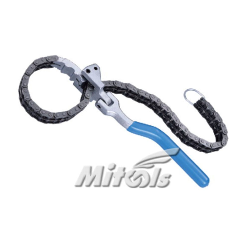 Oil filter chain wrench with blue handle and heavy-duty chain
