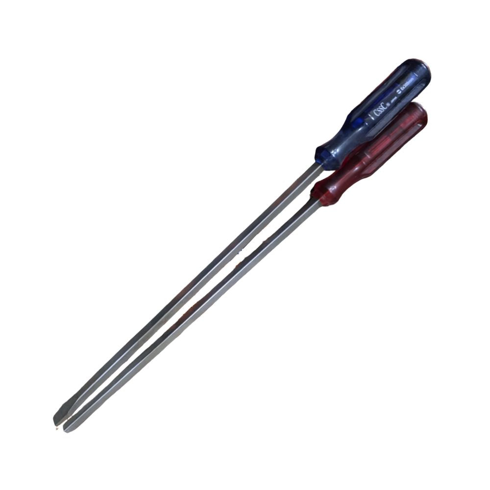 Long-reach R12 positive/negative screwdrivers in blue and red handles
