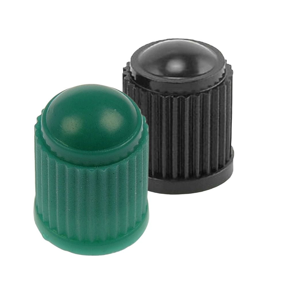 Black and green rubber valve caps for tyre valves
