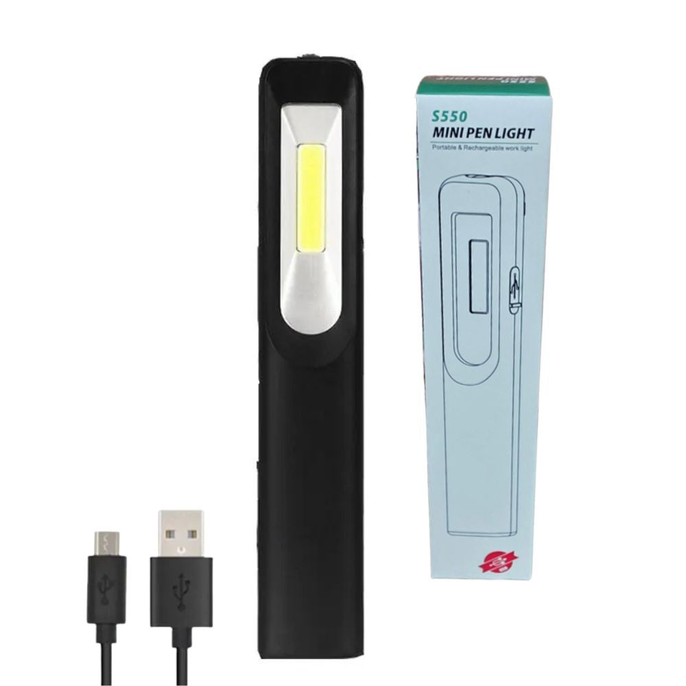 S550 rechargeable pen-style work lamp with USB cable and packaging
