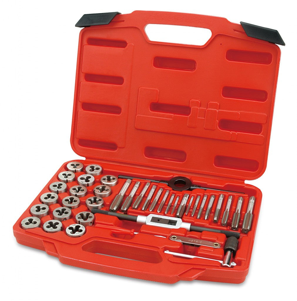 Red tap and die set case opened to show taps, dies, and wrenches arranged inside
