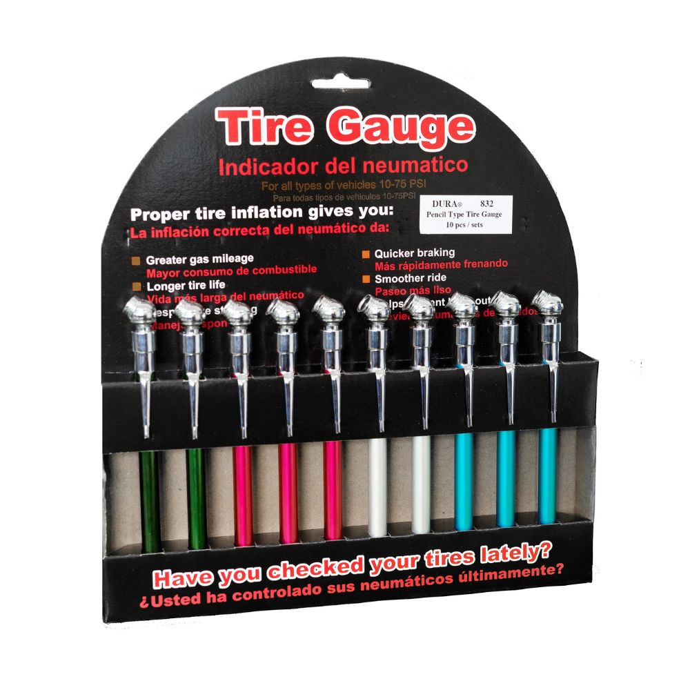 TPG50 54832 pencil-type colour tyre pressure gauge with metal body and 4-sided reading bar in assorted colours