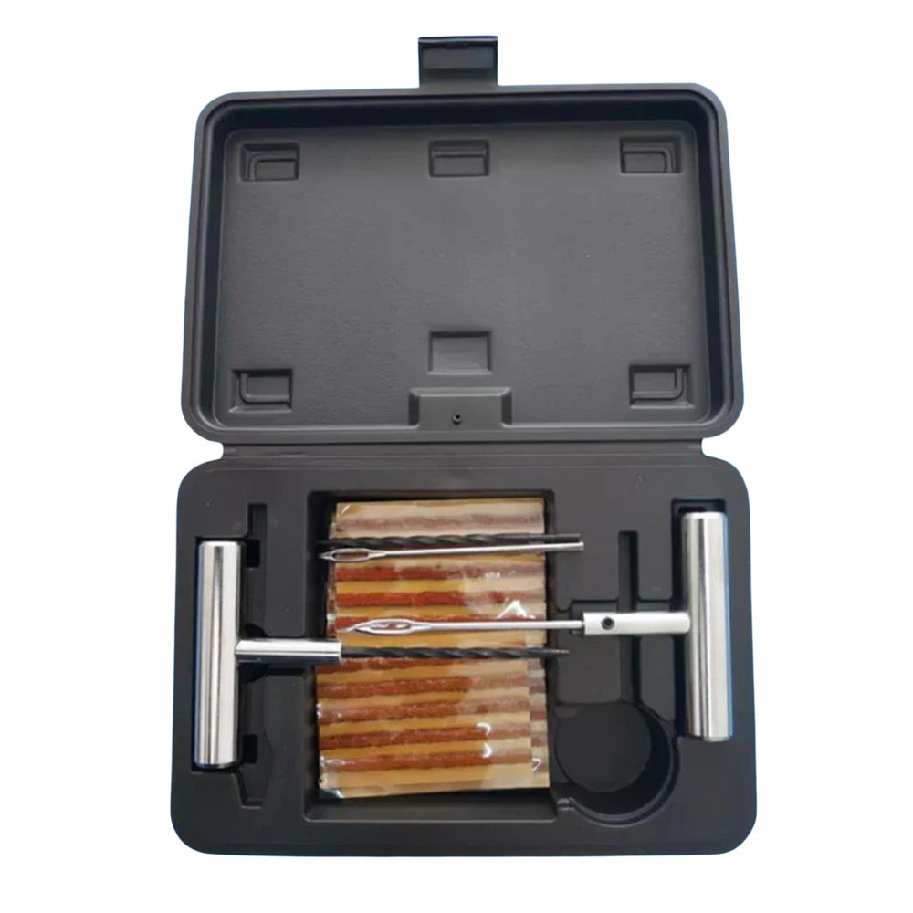 Tyre puncture repair tools and plug strips arranged inside protective case
