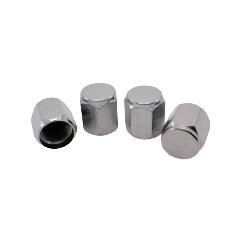 Metal valve caps in silver finish for tyre valve stems