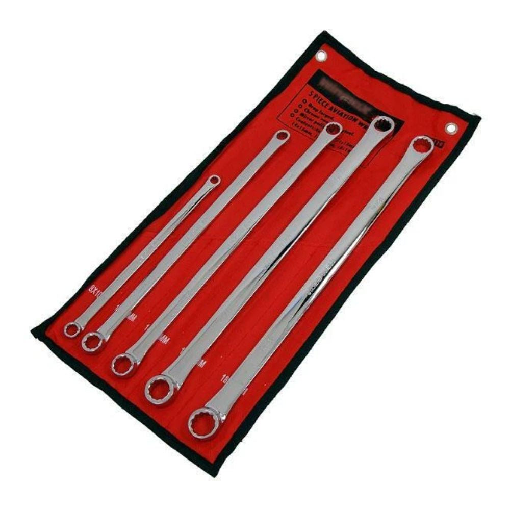 Extra long double ring spanner set with metric sizes in roll-up pouch