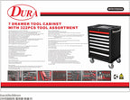 Dura 7 drawer tool cabinet with tool assortment on a promotional poster.