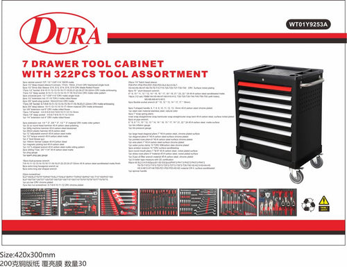 Dura 7 drawer tool cabinet with tool assortment on a promotional poster.