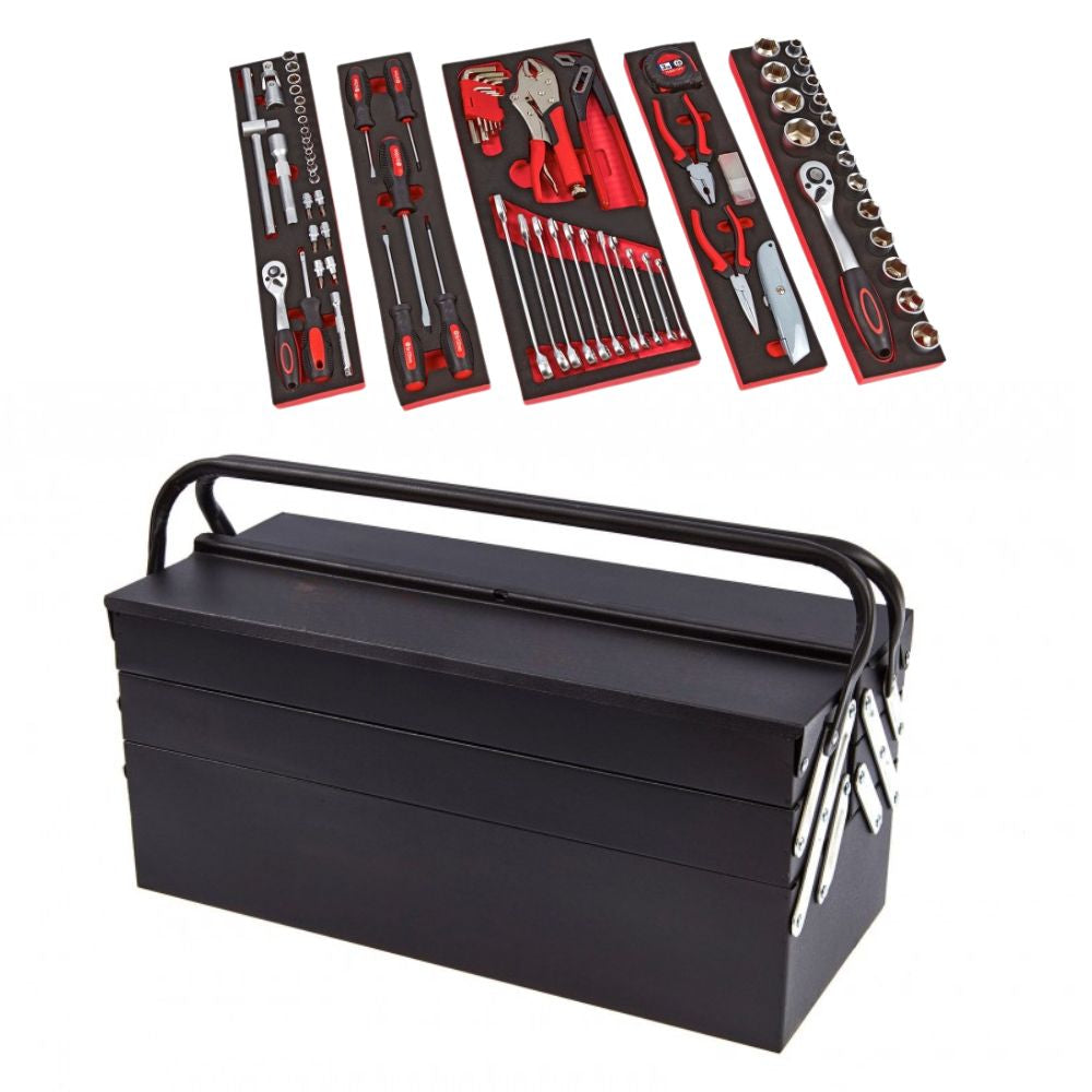 Top view of multi-layer tool case showing neatly arranged wrenches, sockets, and pliers
